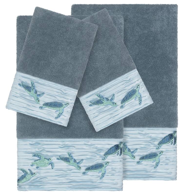 Authentic Hotel and Spa Turkish Cotton Turtles Embroidered Teal Blue 4-piece Towel Set