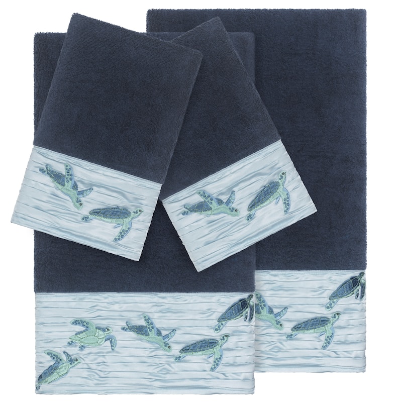Authentic Hotel and Spa Turkish Cotton Turtles Embroidered Midnight Blue 4-piece Towel Set - Navy Blue