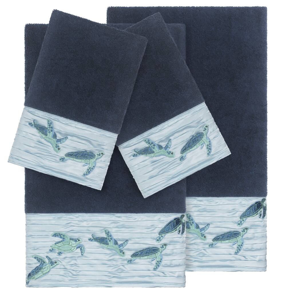 Authentic Hotel and Spa Turkish Cotton Turtles Embroidered Midnight Blue 4-piece Towel Set