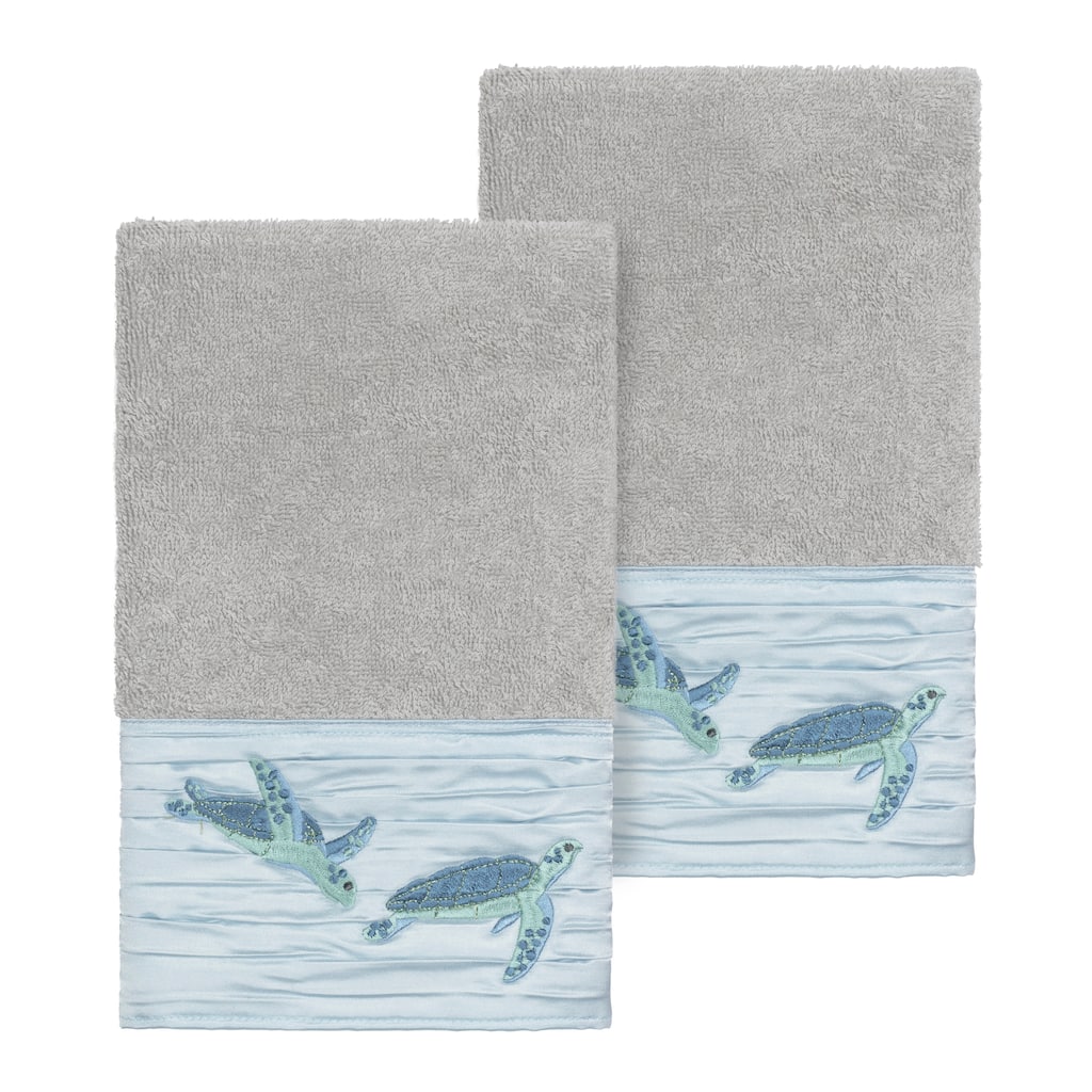Authentic Hotel and Spa Turkish Cotton Turtles Embroidered Light Grey 2-piece Towel Hand Set