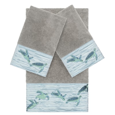 Authentic Hotel and Spa Turkish Cotton Turtles Embroidered Dark Grey 3-piece Towel Set
