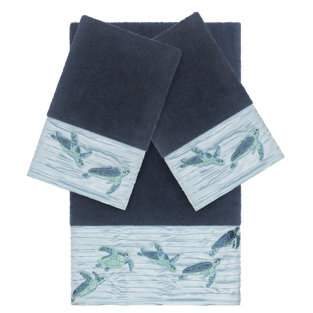 Authentic Hotel and Spa Turkish Cotton Turtles Embroidered Midnight Blue 3-piece Towel Set