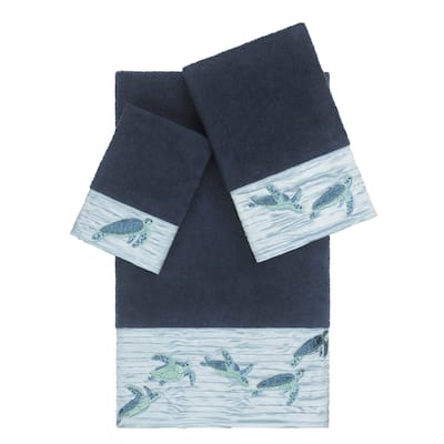 Authentic Hotel and Spa Turkish Cotton Turtles Embroidered Midnight Blue 3-piece Towel Set