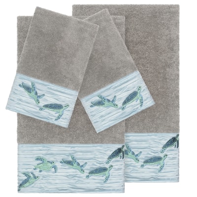 Authentic Hotel and Spa Turkish Cotton Turtles Embroidered Dark Grey 4-piece Towel Set