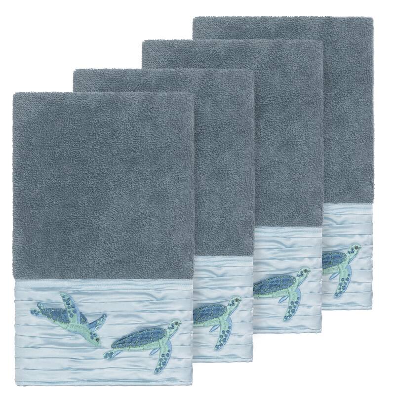 Authentic Hotel and Spa Turkish Cotton Turtles Embroidered Teal Blue 4-piece Hand Towel Set