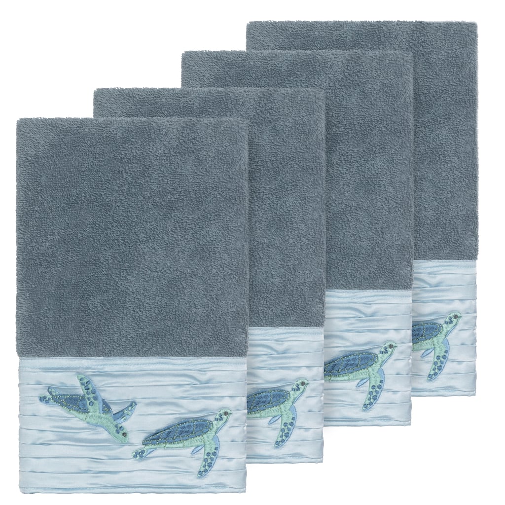 Authentic Hotel and Spa Turkish Cotton Turtles Embroidered Teal Blue 4-piece Hand Towel Set