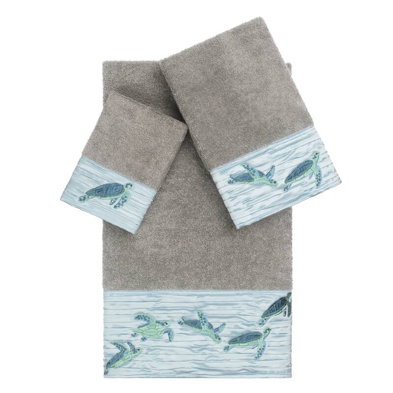 Authentic Hotel and Spa Turkish Cotton Turtles Embroidered Dark Grey 3-piece Towel Set