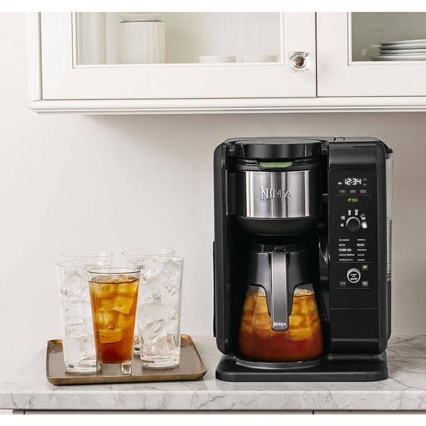 Ninja Hot & Cold Coffee Maker with built-in milk frother drops to