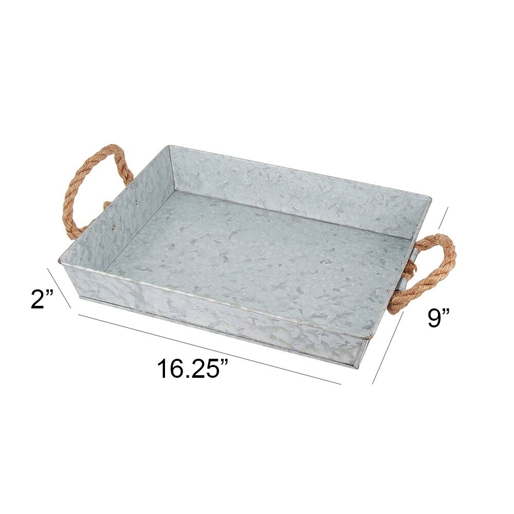 Benzara Mix Media Galvanized Tray With Rope Handles Gray Benzara Mix Media Galvanized Tray