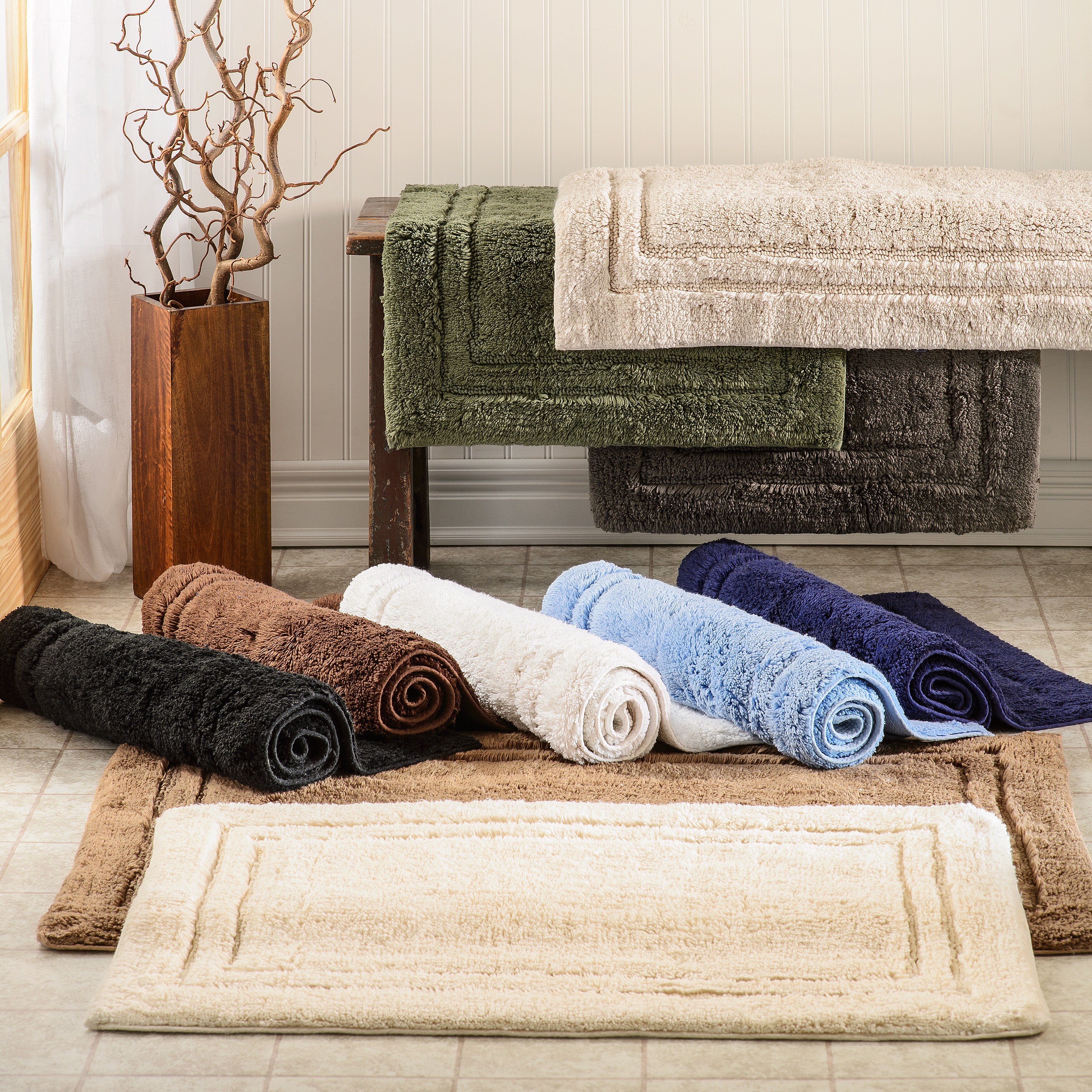 Superior Cotton Solid Non-slip Backing 2-Piece Bath Rug Set - On