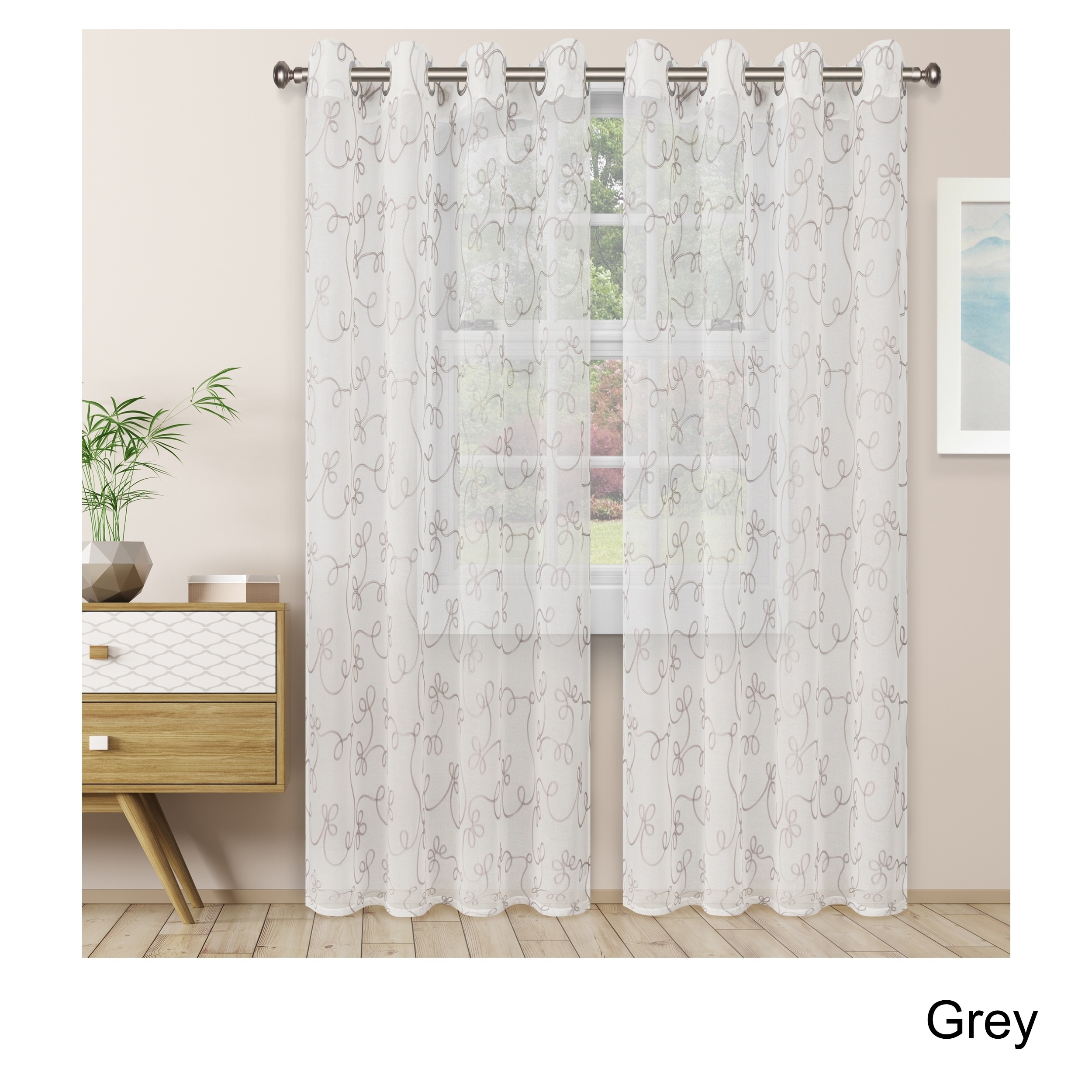 Superior Embroidered Scroll Sheer Grommet Curtain Panel Pair Overstock 22076444