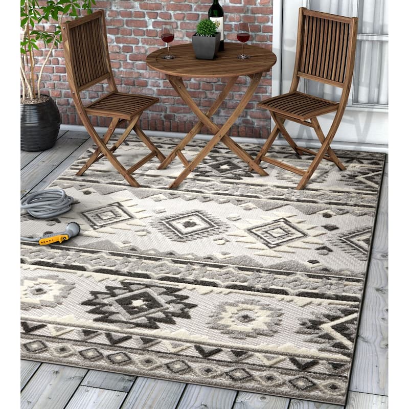 Well Woven Modern Geometric Southwestern Indoor Outdoor Area Rug High-Low Pile Carpet - 7'10" x 9'10"