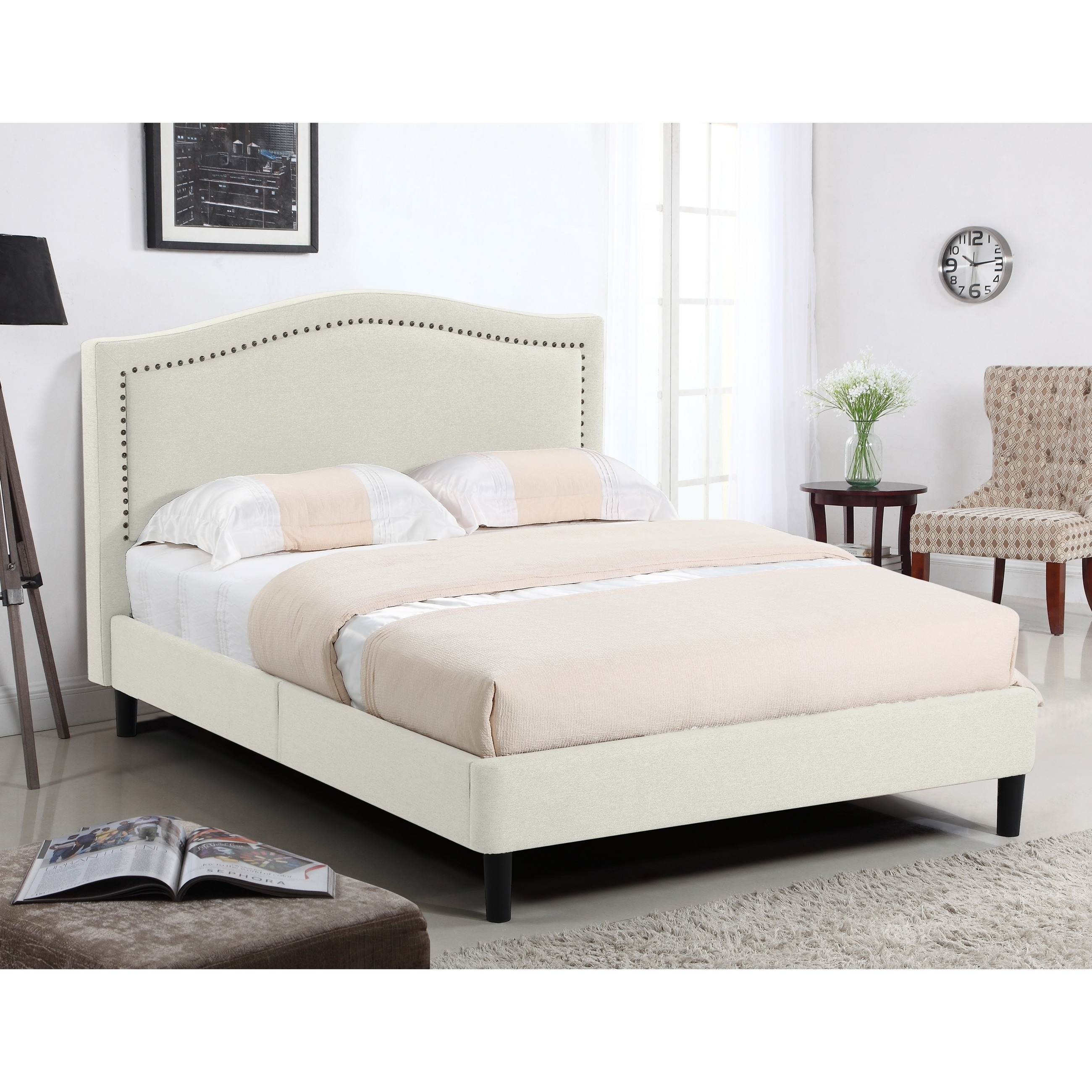 Shop Aloha Beige Upholstered Platform Bed With Decorative Nail