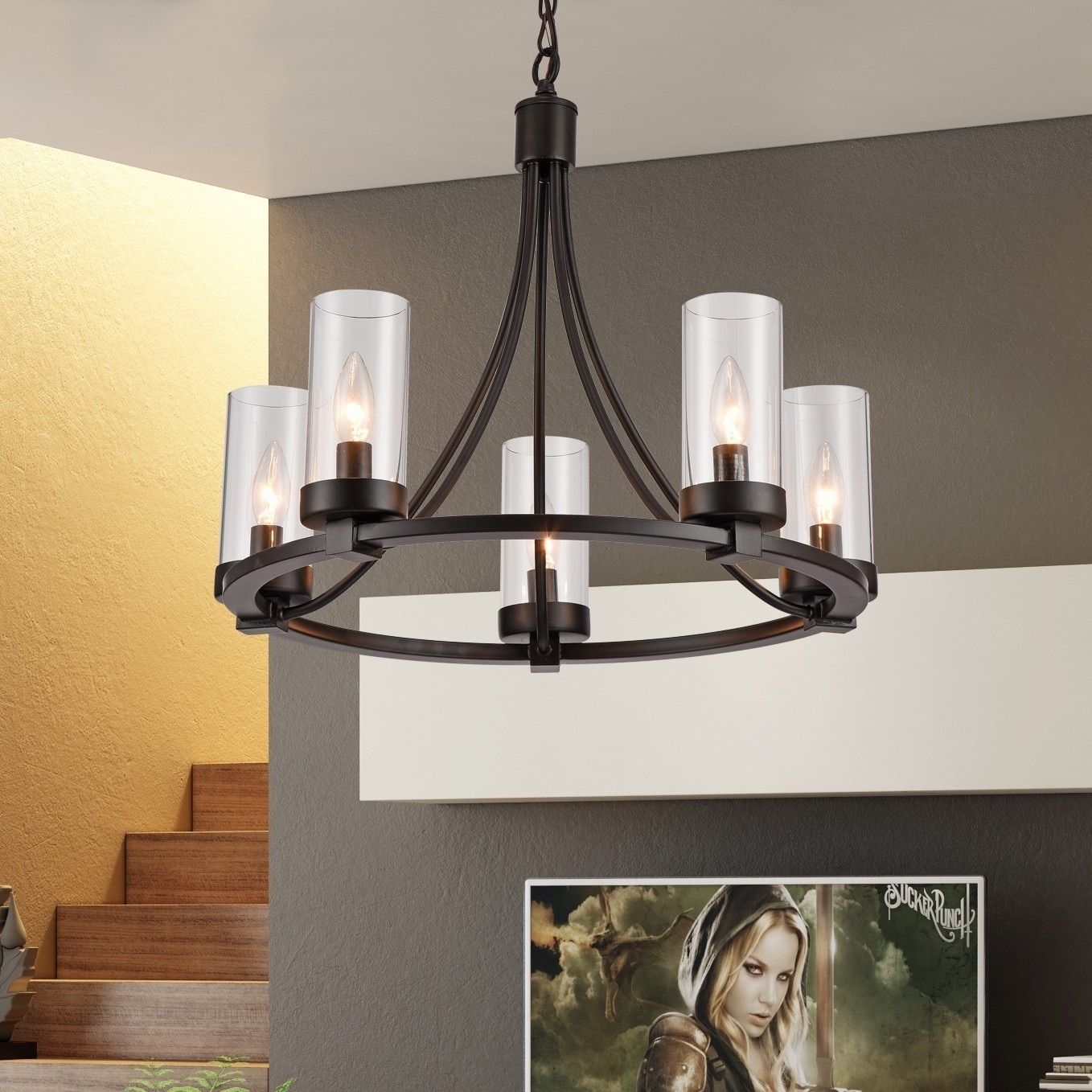 Warehouse of Tiffany Newton Black 5-Light Pendant with Glass Shade