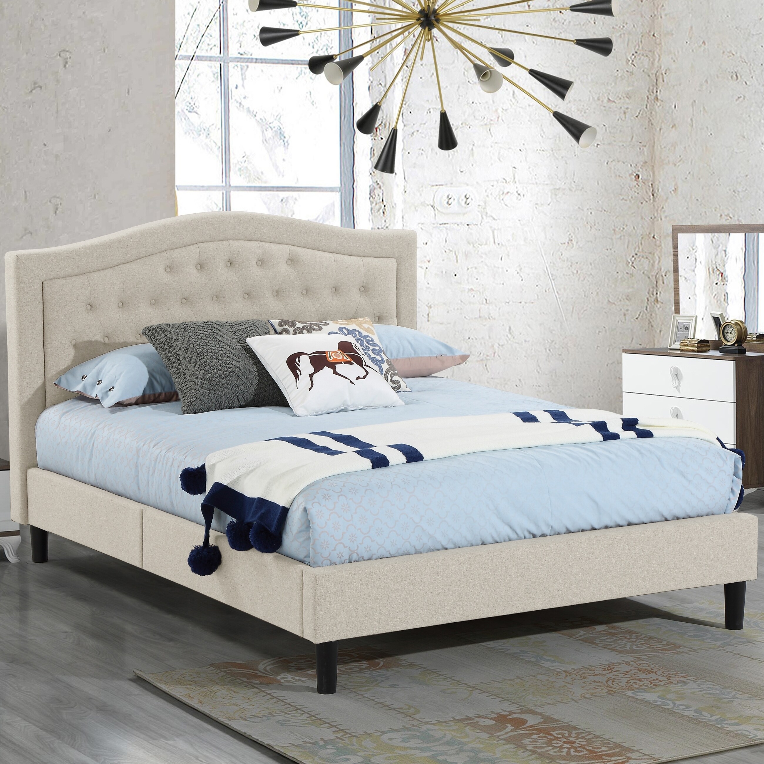 Shop Alma Beige Upholstered Platform Bed With Decorative Stitching