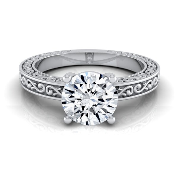0.75ct Round Diamond Solitaire Engagement Ring With Scroll Detail Shank In 14k White Gold, Igi-certified