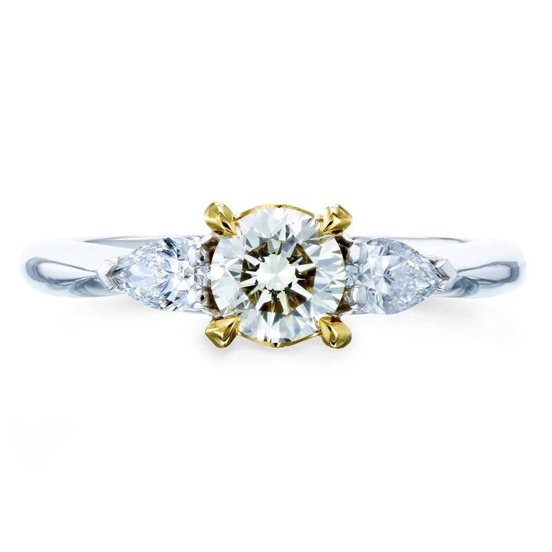 Kobelli 0.86 Carat Light Fancy Yellow & White Diamond 14k Solid Gold Round & Pear Brilliant 3 Stone Pinched Shank Daria Ring