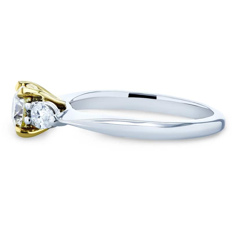 Kobelli 0.86 Carat Light Fancy Yellow & White Diamond 14k Solid Gold Round & Pear Brilliant 3 Stone Pinched Shank Daria Ring