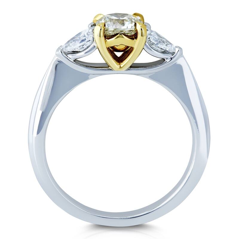 Kobelli 0.86 Carat Light Fancy Yellow & White Diamond 14k Solid Gold Round & Pear Brilliant 3 Stone Pinched Shank Daria Ring