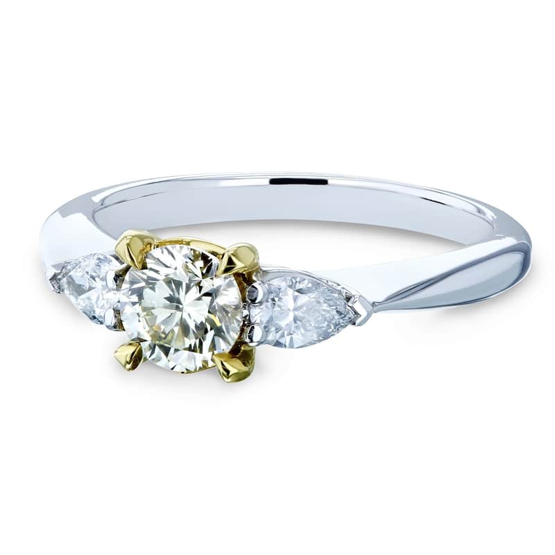 Kobelli 0.86 Carat Light Fancy Yellow & White Diamond 14k Solid Gold Round & Pear Brilliant 3 Stone Pinched Shank Daria Ring