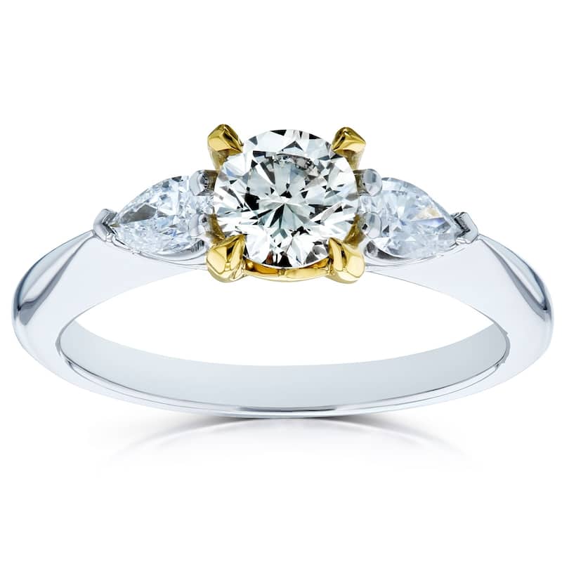 Kobelli 0.86 Carat Light Fancy Yellow & White Diamond 14k Solid Gold Round & Pear Brilliant 3 Stone Pinched Shank Daria Ring