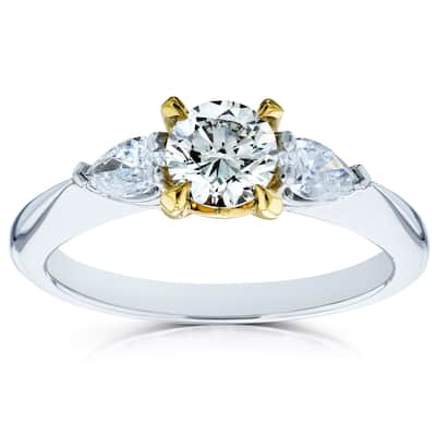 Kobelli 0.86 Carat Light Fancy Yellow & White Diamond 14k Solid Gold Round & Pear Brilliant 3 Stone Pinched Shank Daria Ring