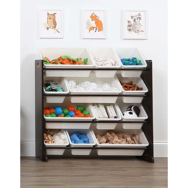 toy storage unit with plastic boxes