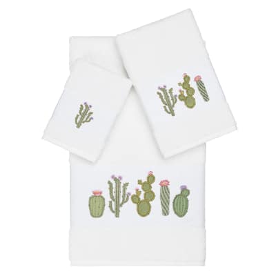 Authentic Hotel and Spa Turkish Cotton Cactus Embroidered White 3-piece Towel Set