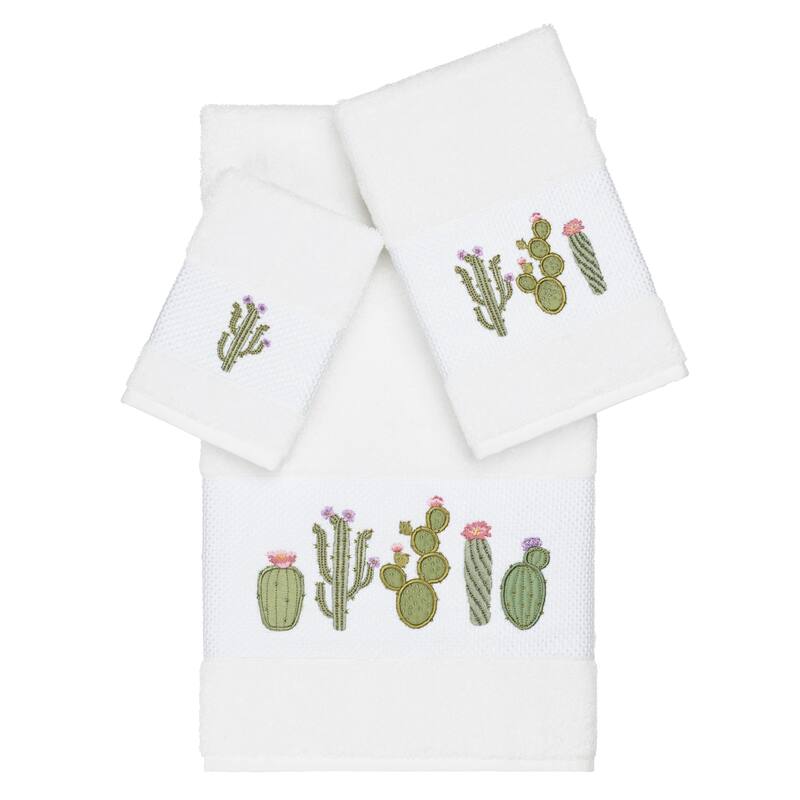 Authentic Hotel and Spa Turkish Cotton Cactus Embroidered White 3-piece Towel Set