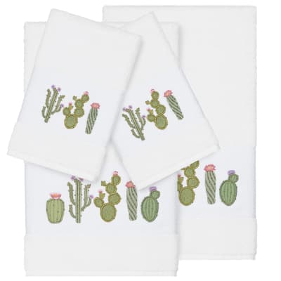 Authentic Hotel and Spa Turkish Cotton Cactus Embroidered White 4-piece Towel Set