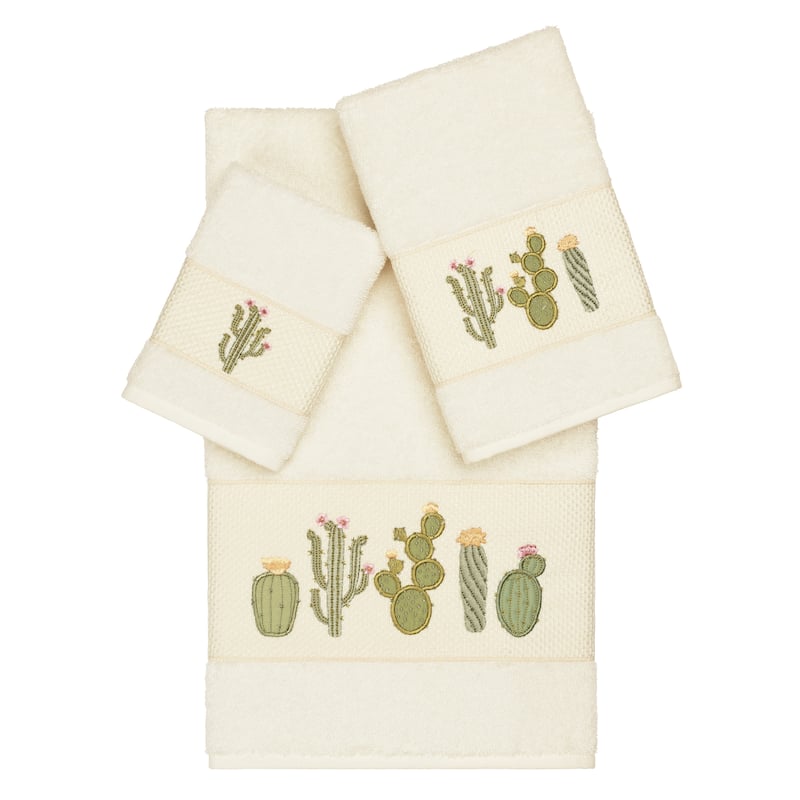 Authentic Hotel and Spa Turkish Cotton Cactus Embroidered Cream 3-piece Towel Set