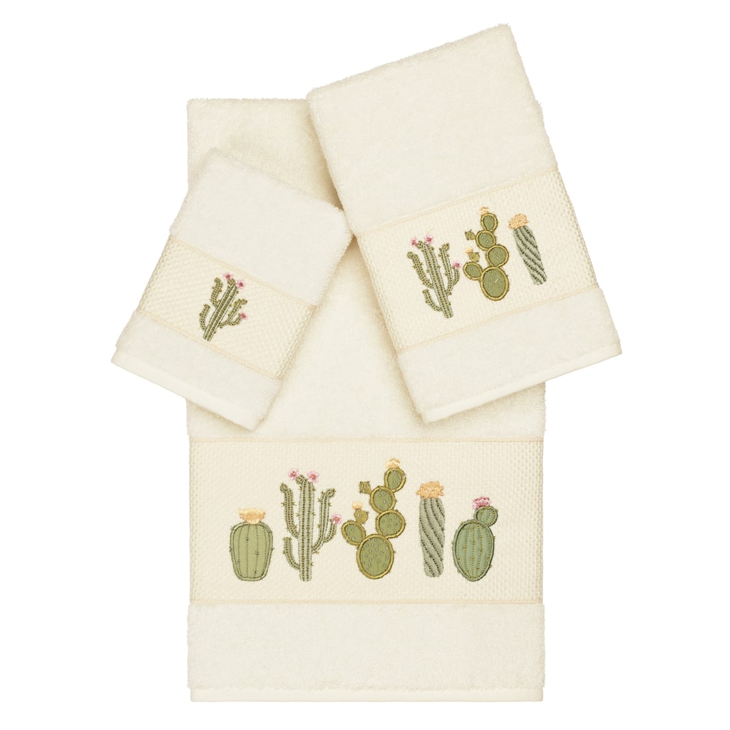 Authentic Hotel and Spa Turkish Cotton Cactus Embroidered Cream 3-piece Towel Set