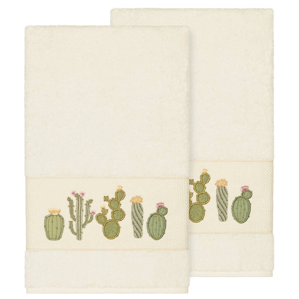 Authentic Hotel and Spa Turkish Cotton Cactus Embroidered Cream 2-piece Bath Towel Set