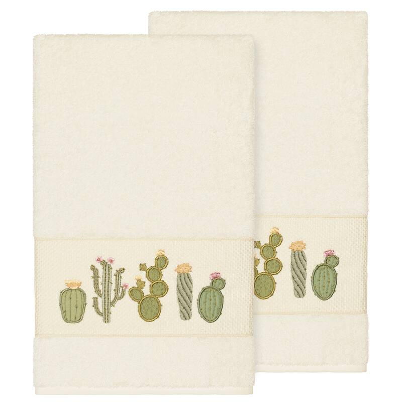 Authentic Hotel and Spa Turkish Cotton Cactus Embroidered Cream 2-piece Bath Towel Set