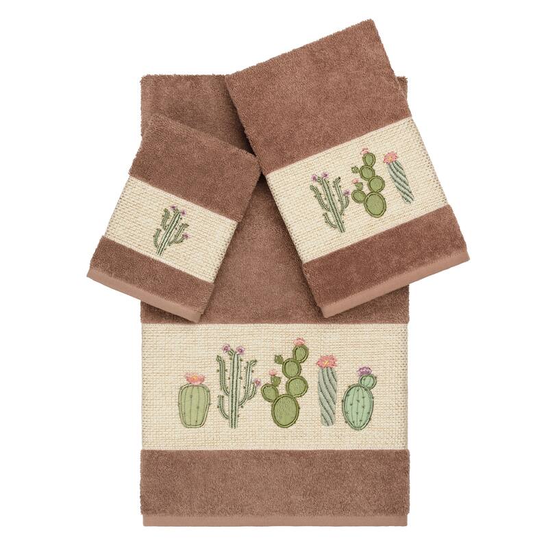 Authentic Hotel and Spa Turkish Cotton Cactus Embroidered Latte Brown 3-piece Towel Set