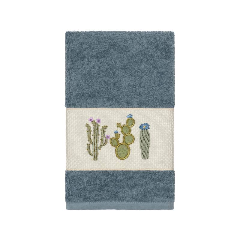 Authentic Hotel and Spa Turkish Cotton Cactus Embroidered Teal Blue Hand Towel