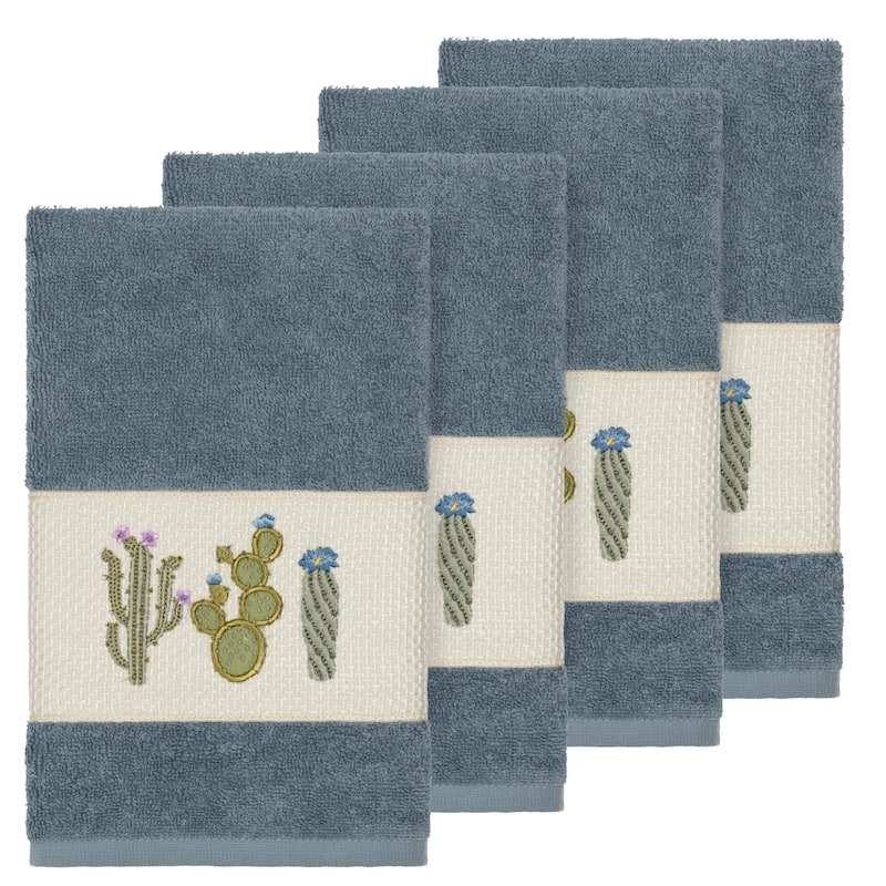 Authentic Hotel and Spa Turkish Cotton Cactus Embroidered Teal Blue 4-piece Hand Towel Set