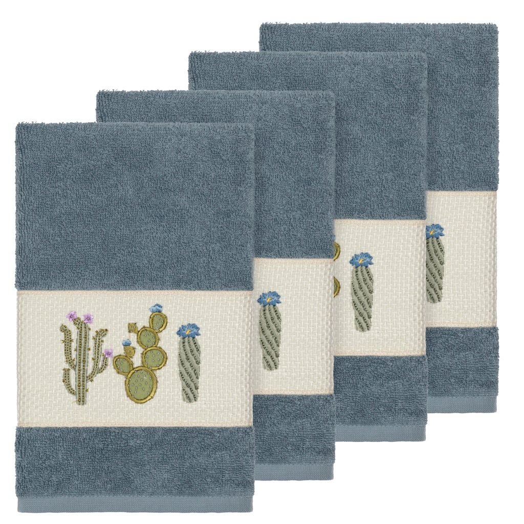 Authentic Hotel and Spa Turkish Cotton Cactus Embroidered Teal Blue 4-piece Hand Towel Set