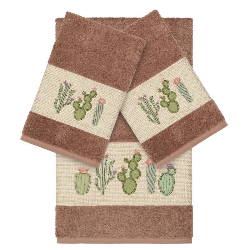 Authentic Hotel and Spa Turkish Cotton Cactus Embroidered Latte Brown 3-piece Towel Set