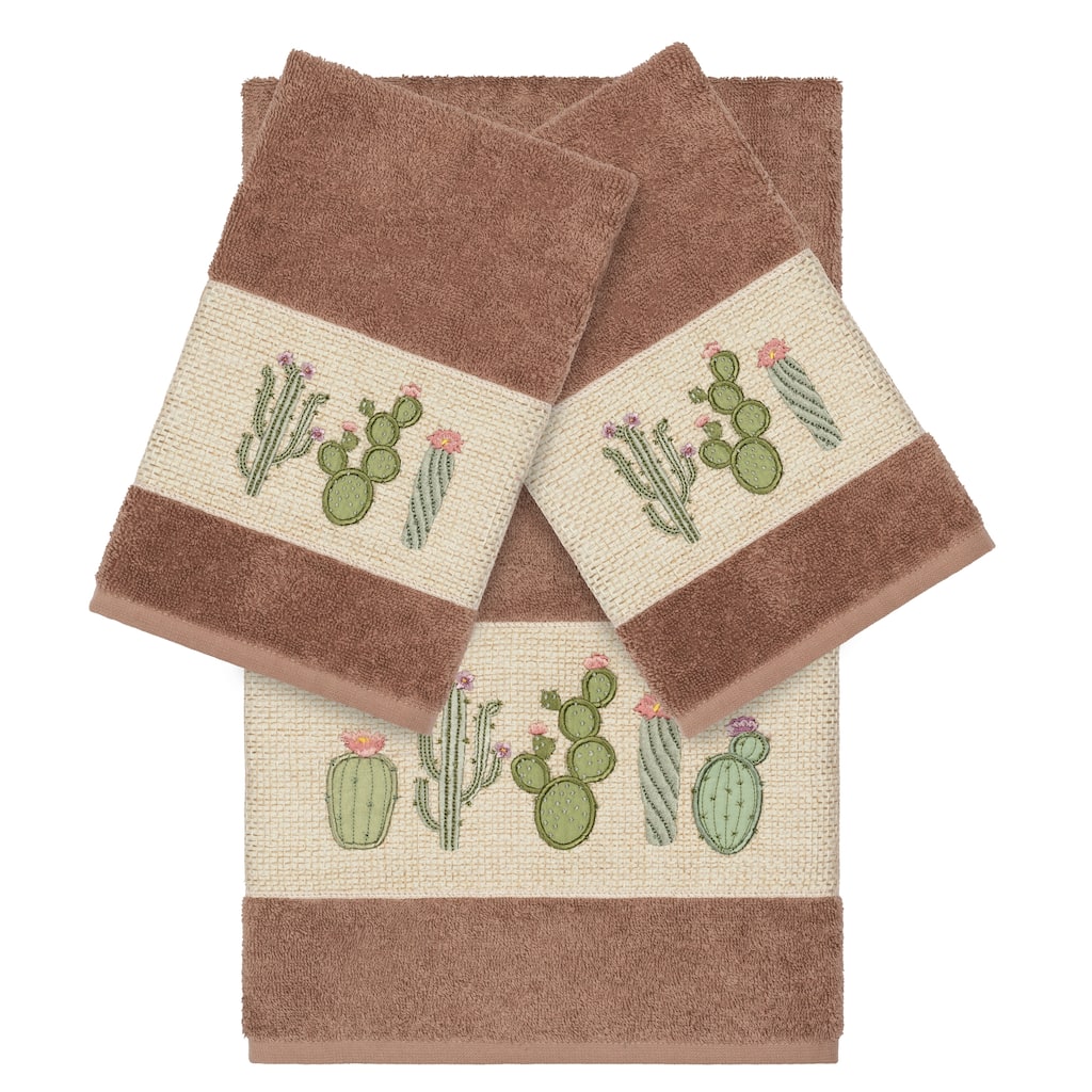 Authentic Hotel and Spa Turkish Cotton Cactus Embroidered Latte Brown 3-piece Towel Set