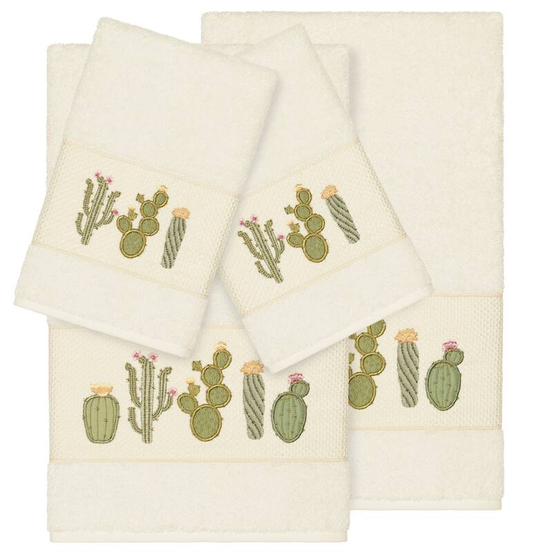 Authentic Hotel and Spa Turkish Cotton Cactus Embroidered Cream 4-piece Towel Set