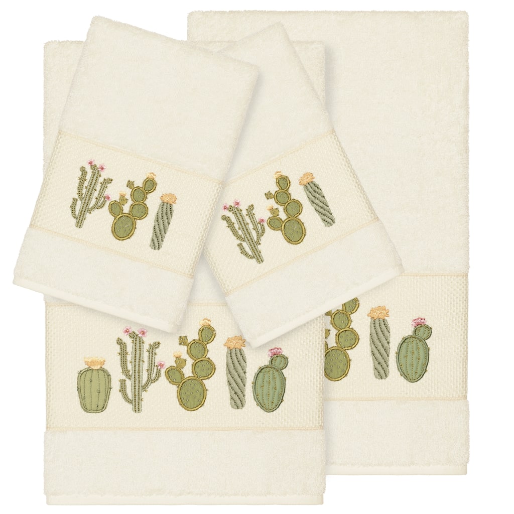 Authentic Hotel and Spa Turkish Cotton Cactus Embroidered Cream 4-piece Towel Set
