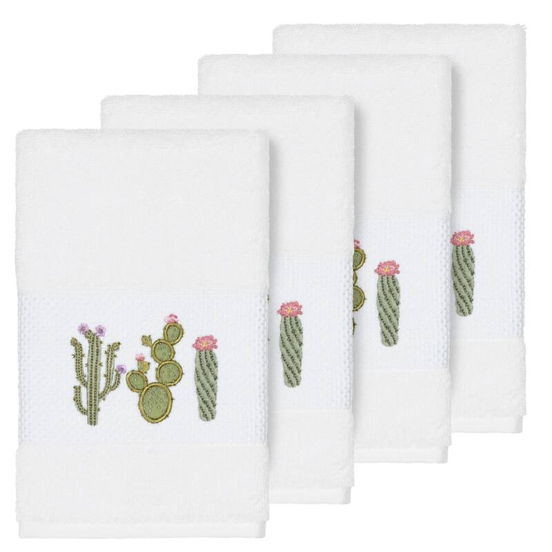Authentic Hotel and Spa Turkish Cotton Cactus Embroidered White 4-piece Hand Towel Set