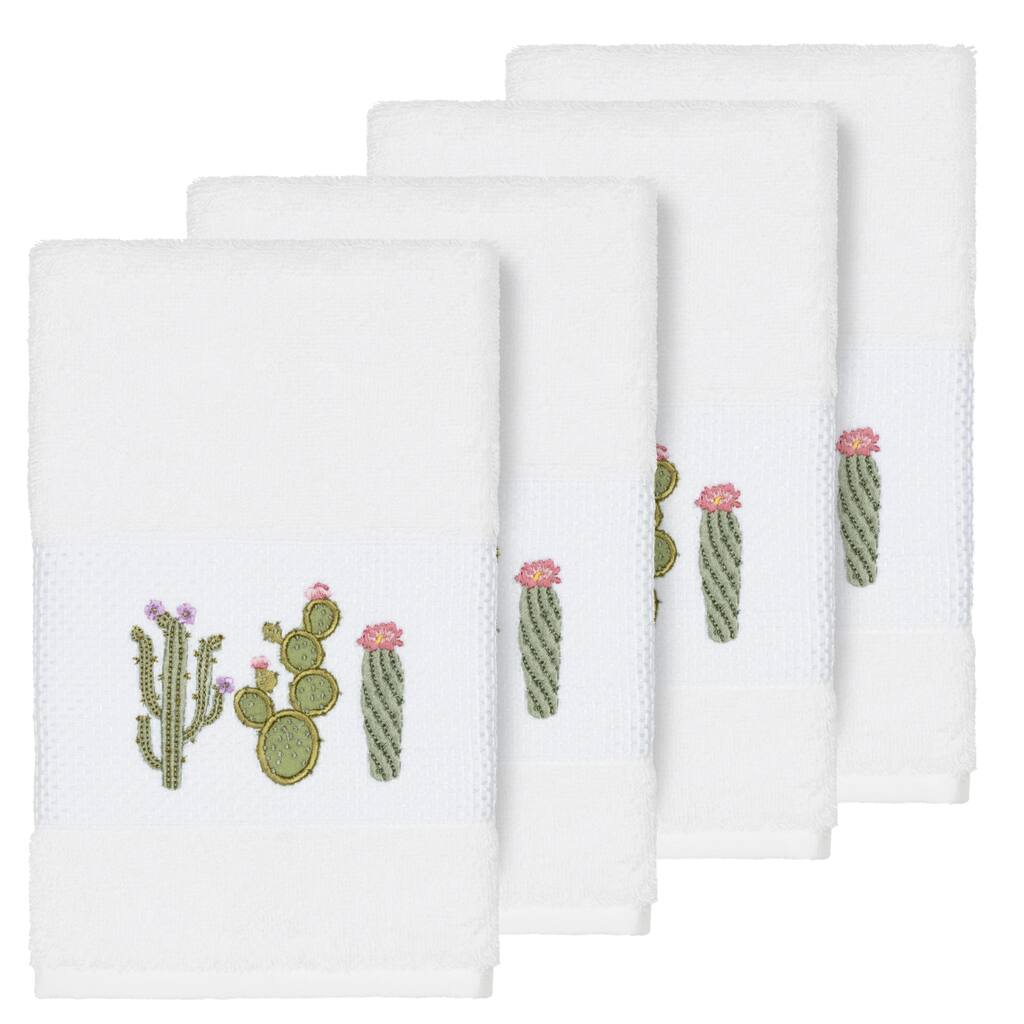 Authentic Hotel and Spa Turkish Cotton Cactus Embroidered White 4-piece Hand Towel Set