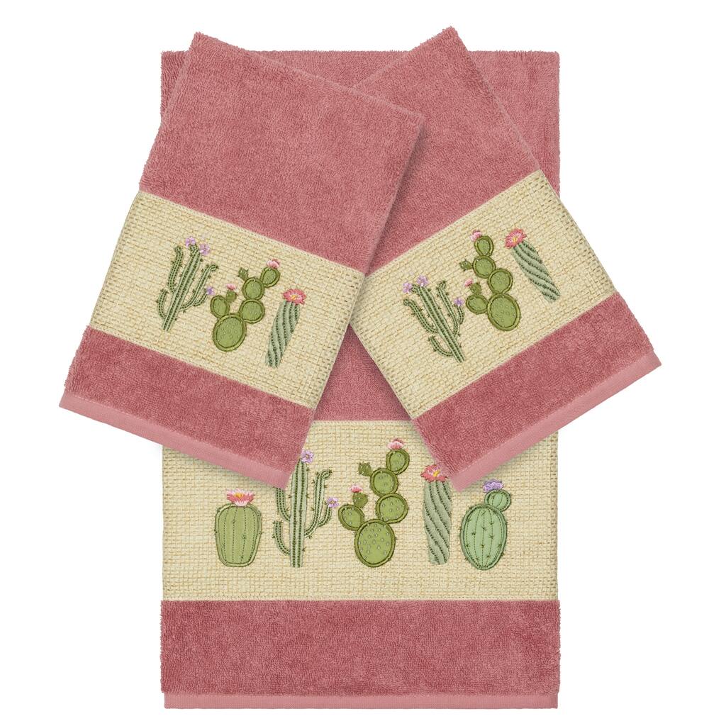 Authentic Hotel and Spa Turkish Cotton Cactus Embroidered Tea Rose 3-piece Towel Set