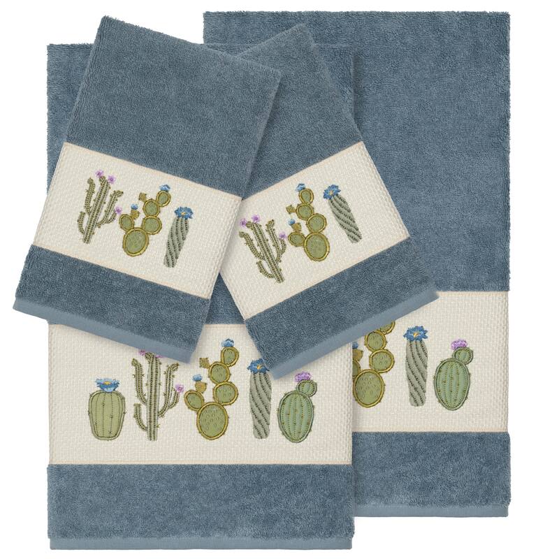 Authentic Hotel and Spa Turkish Cotton Cactus Embroidered Teal Blue 4-piece Towel Set