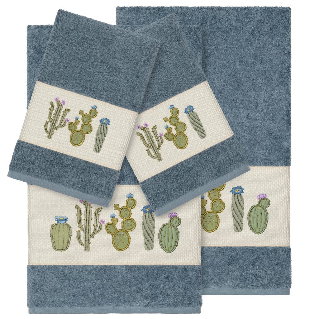 Authentic Hotel and Spa Turkish Cotton Cactus Embroidered Teal Blue 4-piece Towel Set
