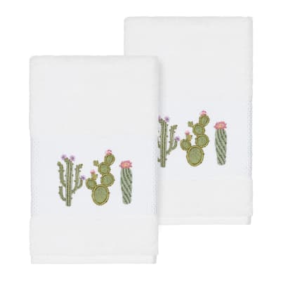 Authentic Hotel and Spa Turkish Cotton Cactus Embroidered White 2-piece Towel Hand Set