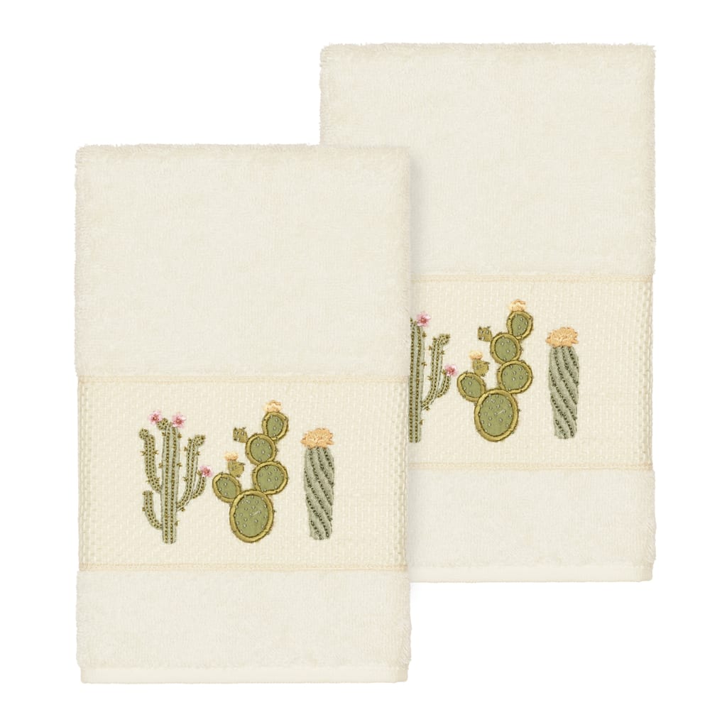 Authentic Hotel and Spa Turkish Cotton Cactus Embroidered Cream 2-piece Towel Hand Set