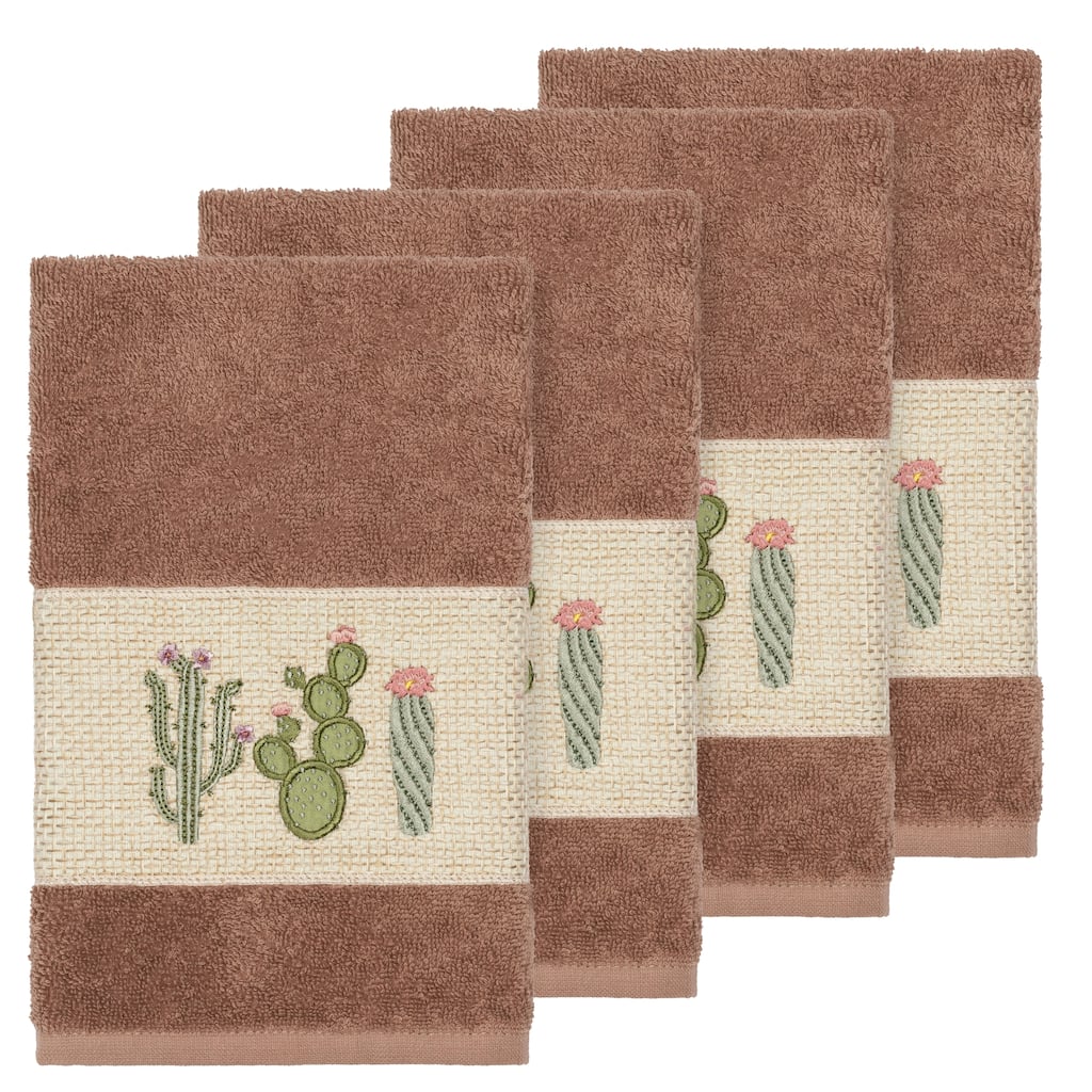 Authentic Hotel and Spa Turkish Cotton Cactus Embroidered Latte Brown 4-piece Hand Towel Set